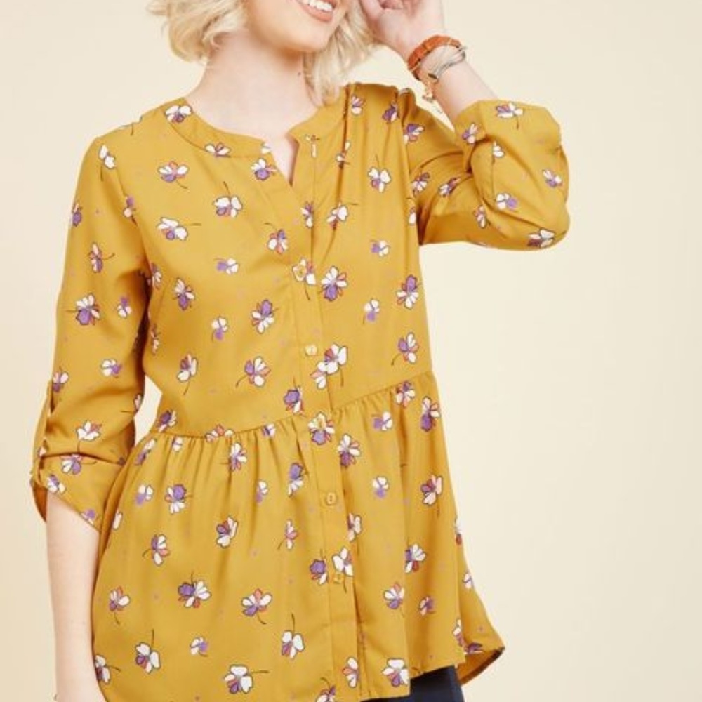 ModCloth Yellow Floral Tunic Button Down Top